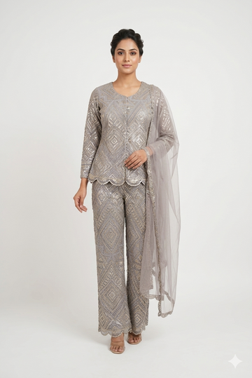 Silver Grey Mirror Work Kurta Pant Set With Dupatta