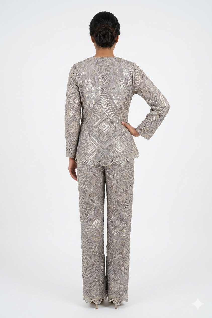 Silver Grey Mirror Work Kurta Pant Set With Dupatta