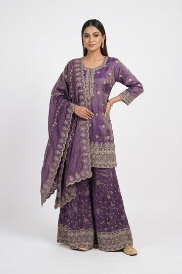 Royal Purple Embroidered Kurta Sharara Set With Dupatta
