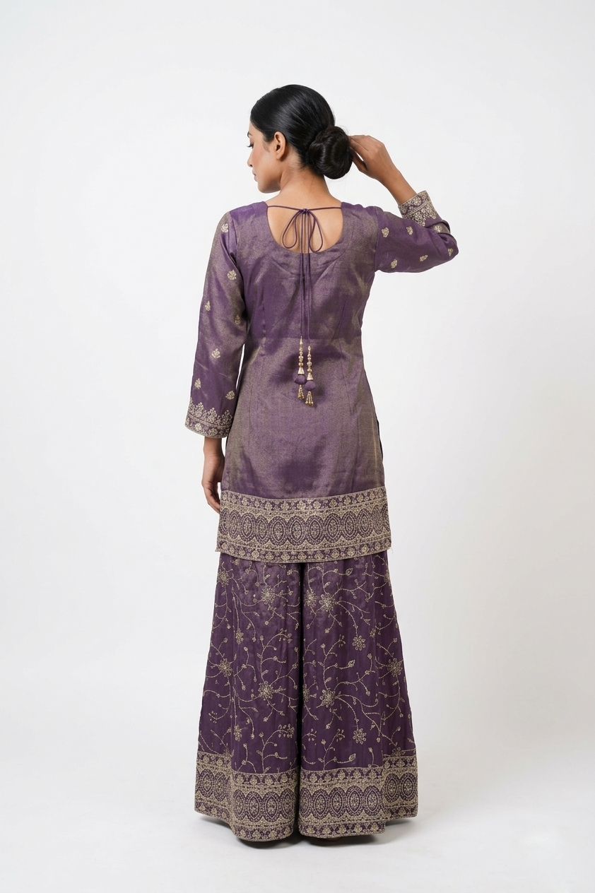 Royal Purple Embroidered Kurta Sharara Set With Dupatta