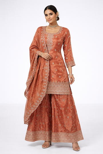 Reddish copper Embroidered Kurta with Sharara &amp; Dupatta Set