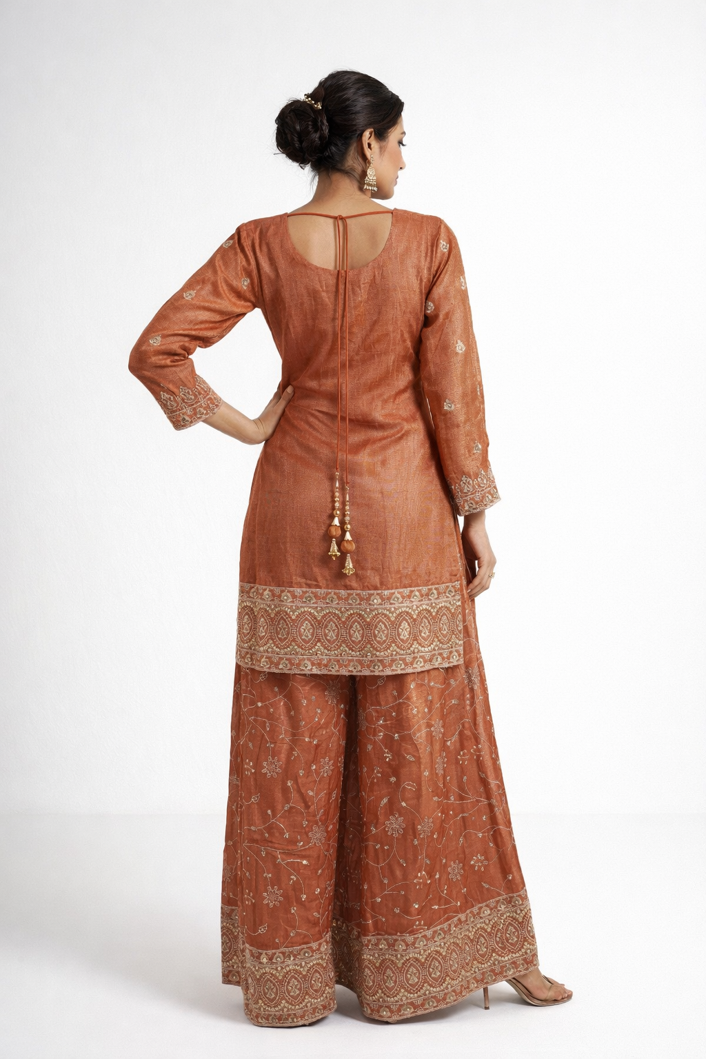 Reddish copper Embroidered Kurta with Sharara &amp; Dupatta Set