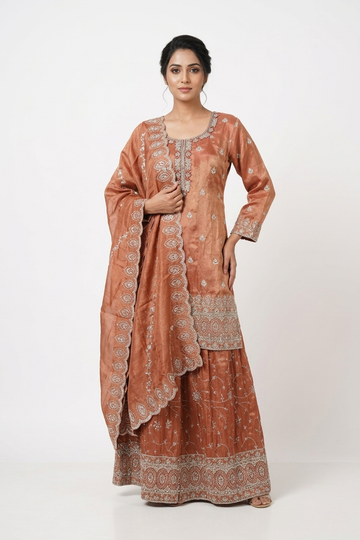 Reddish Copper Embroidered Kurta Sharara Set With Dupatta