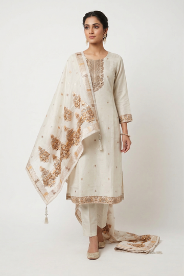 Elegant Ivory Cotton Silk Kurta Set With Embroidered Dupatta