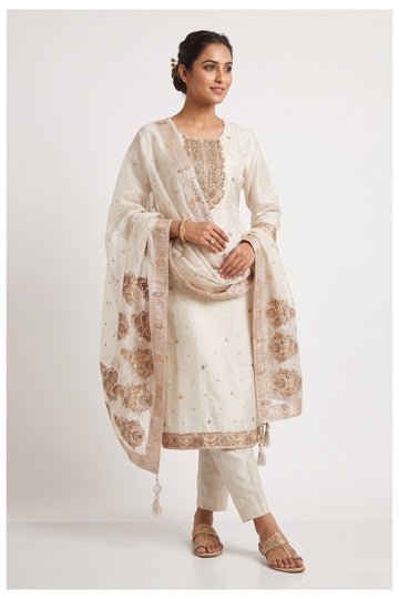 Ivory Embroidered Kurta Pant Set With Dupatta