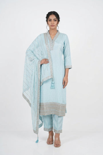 Sky Blue Elegant Embroidered Kurta Pant Set With Dupatta
