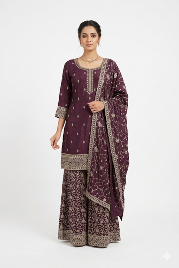 Wine Embroidered Kurta Sharara Set With Dupatta