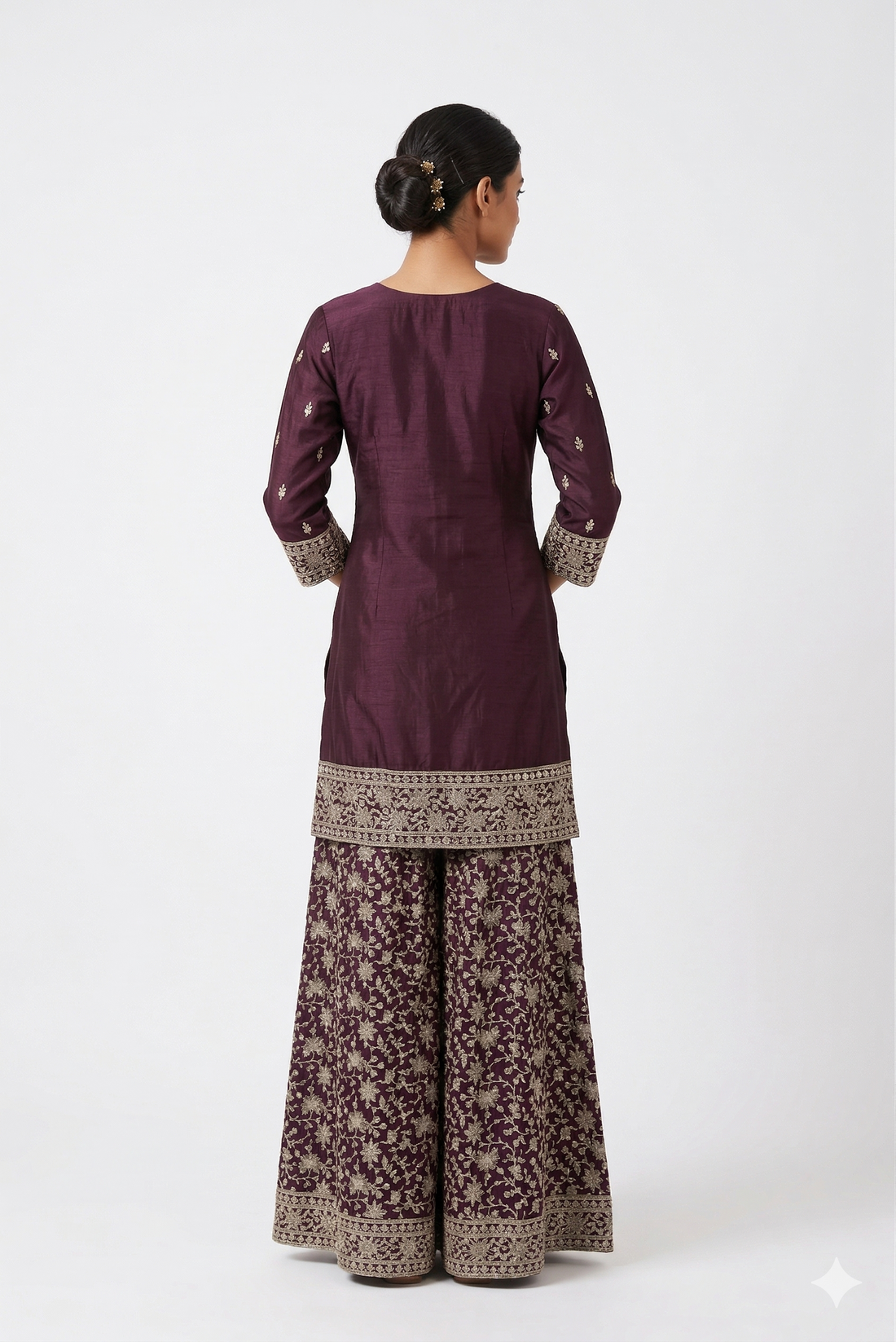 Wine Embroidered Kurta Sharara Set With Dupatta