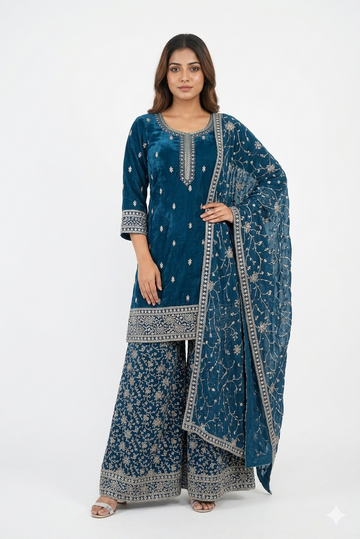 Deep Steel Blue Embroidered Kurta Palazzo Set With Designer Dupatta