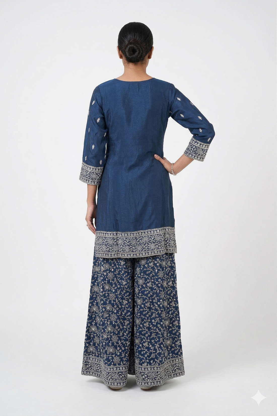 Deep Steel Blue Embroidered Kurta Palazzo Set With Designer Dupatta