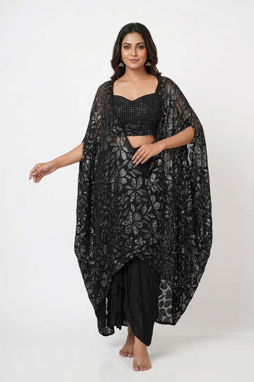 Black Sequin Blouse with Draped Skirt &amp; Sheer Printed Cape Set