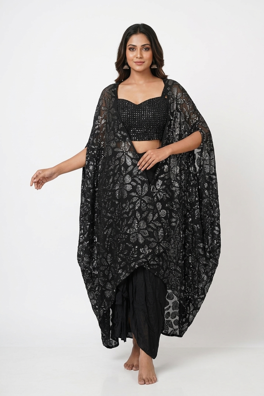 Black Sequin Blouse with Draped Skirt &amp; Sheer Printed Cape Set