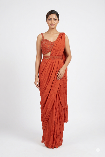 Reddish Copper Draped Saree With Handcrafted Blouse Set