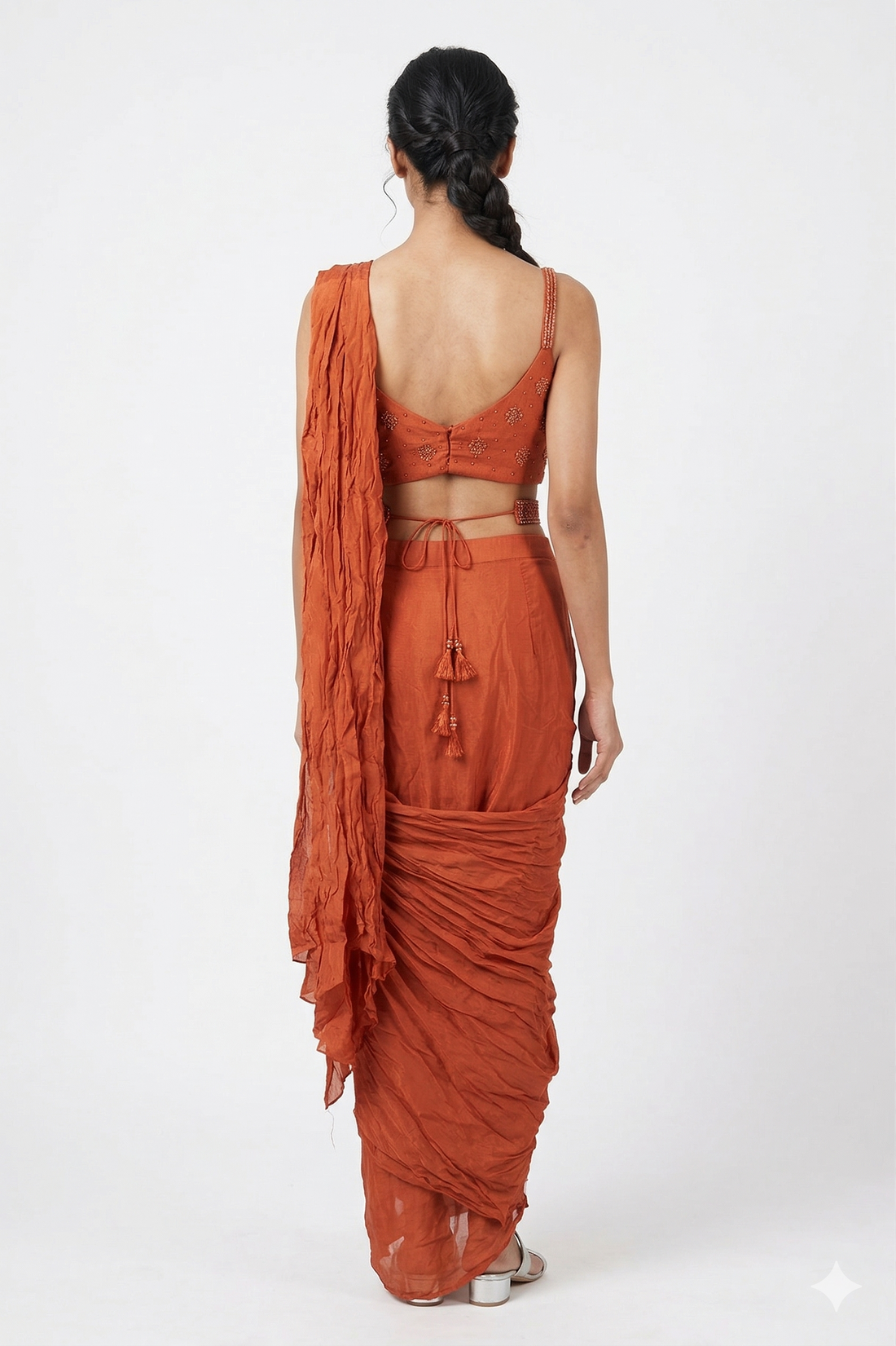 Reddish Copper Draped Saree With Handcrafted Blouse Set