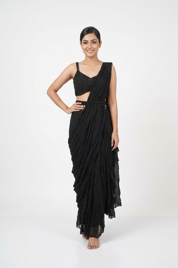 Classic Black Draped Saree Style Set With Embellished Blouse