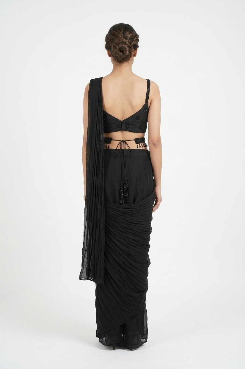 Classic Black Draped Saree Style Set With Embellished Blouse