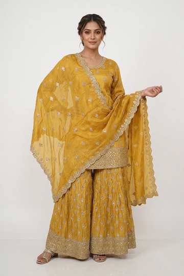 Yellow Gold Embroidered Kurta Sharara Set With Organza Dupatta