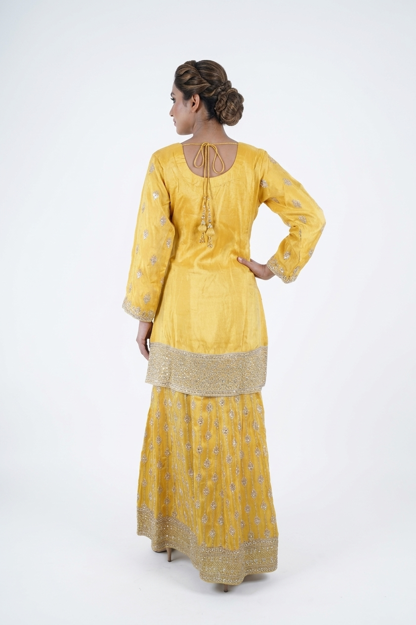 Yellow Gold Embroidered Kurta Sharara Set With Organza Dupatta