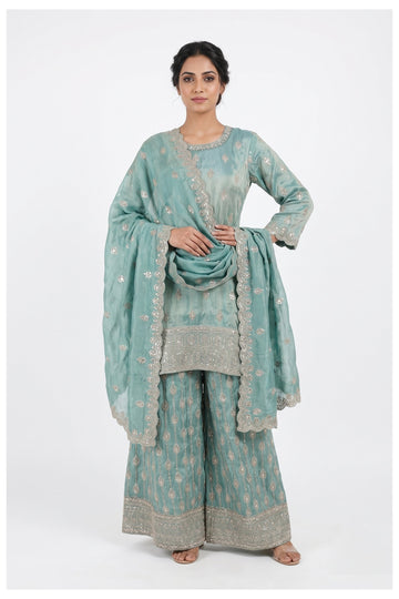 Aqua Blue Heavy Embroidered Kurta Palazzo Set With Designer Dupatta