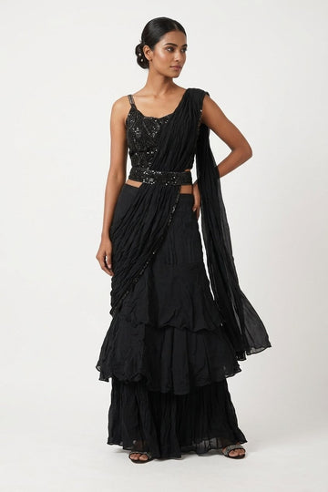 Midnight Black Sequin Crop Top & Tiered Skirt Set With Drape Dupatta