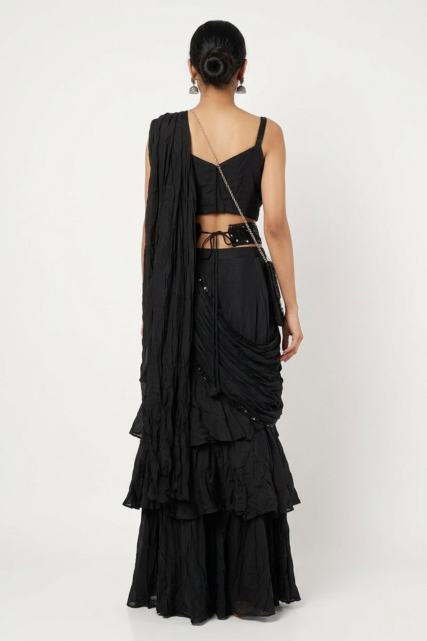 Midnight Black Sequin Crop Top & Tiered Skirt Set With Drape Dupatta