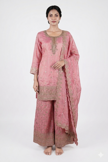Blush Pink Embroidered Kurta Sharara Set With Designer Dupatta