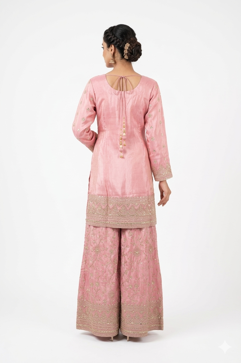 Blush Pink Embroidered Kurta Sharara Set With Designer Dupatta