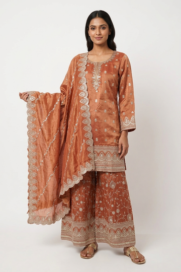 Reddish Copper Embroidered Kurta Sharara Set With Organza Dupatta Price