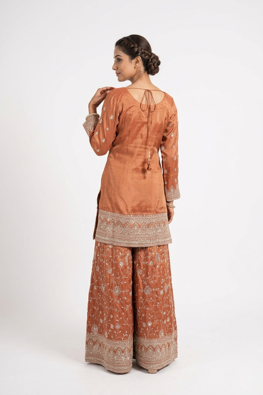 Reddish Copper Embroidered Kurta Sharara Set With Organza Dupatta Price