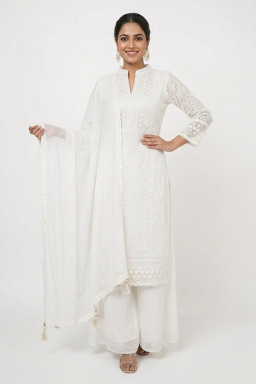 Elegant White Chikankari Style Kurta Palazzo Set With Dupatta