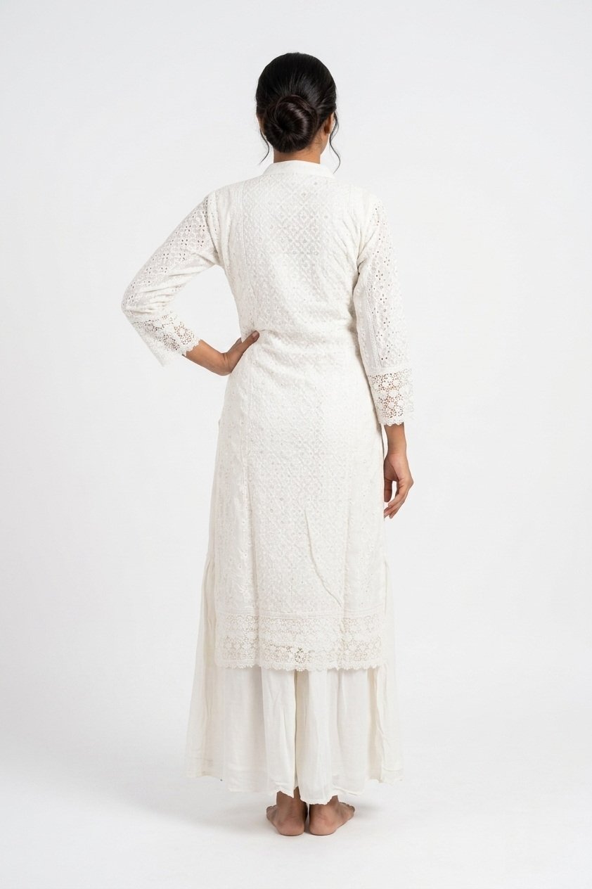Elegant White Chikankari Style Kurta Palazzo Set With Dupatta