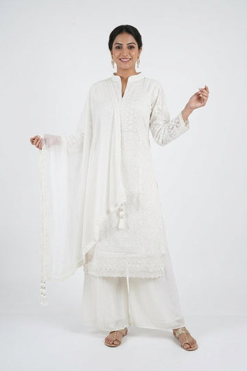 Elegant White Chikankari Kurta Sharara Set With Dupatta