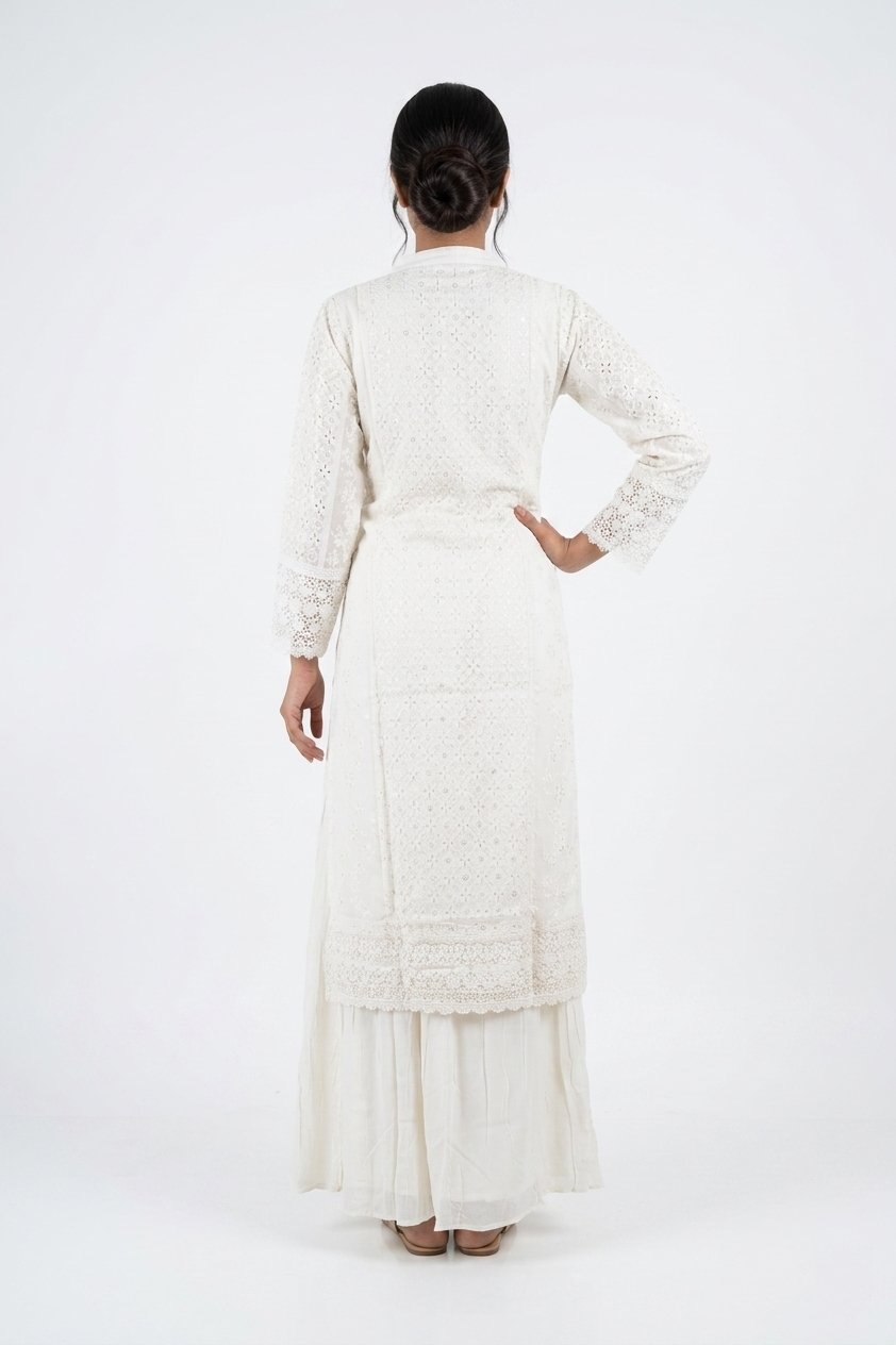 Elegant White Chikankari Kurta Sharara Set With Dupatta