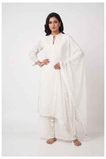 White Embroidered Kurta Palazzo Set With Dupatta