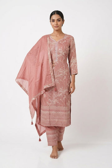 Blush Pink Embroidered Kurta Pant Set With Dupatta