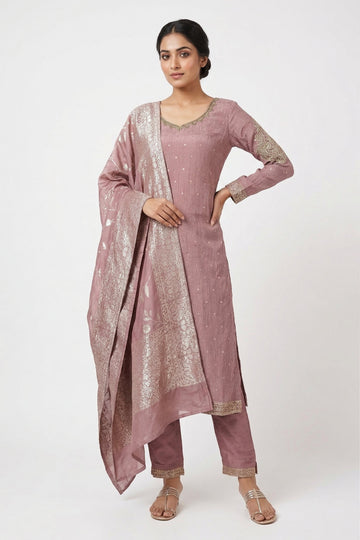 Dusty Rose Embroidered Kurta Pant Set With Designer Dupatta