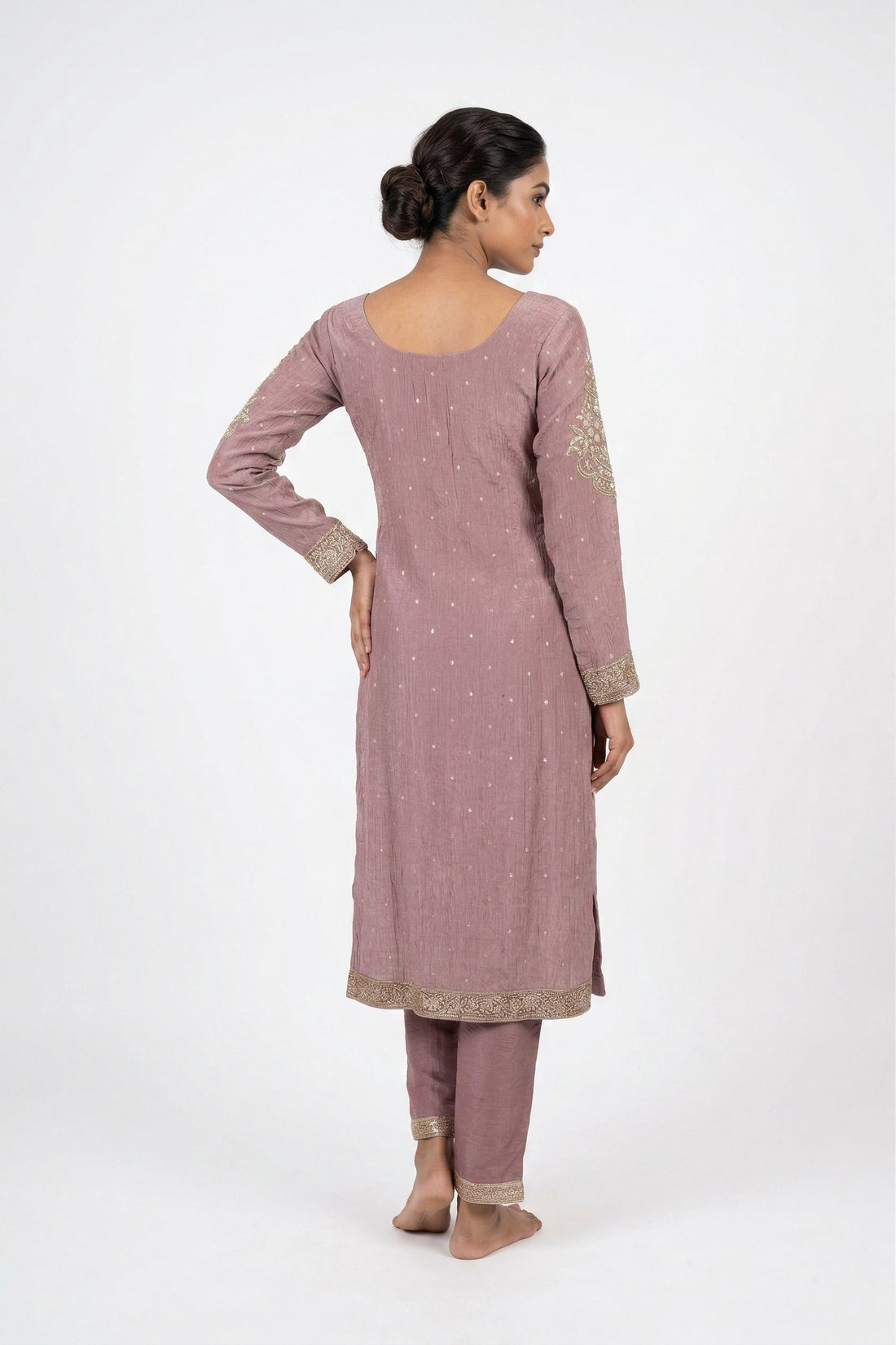 Dusty Rose Embroidered Kurta Pant Set With Designer Dupatta