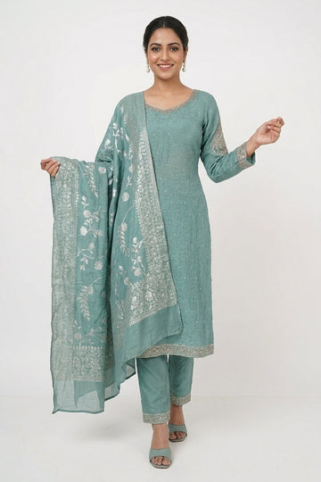 Sea Green Embroidered Kurta Pant Set With Banarasi Dupatta