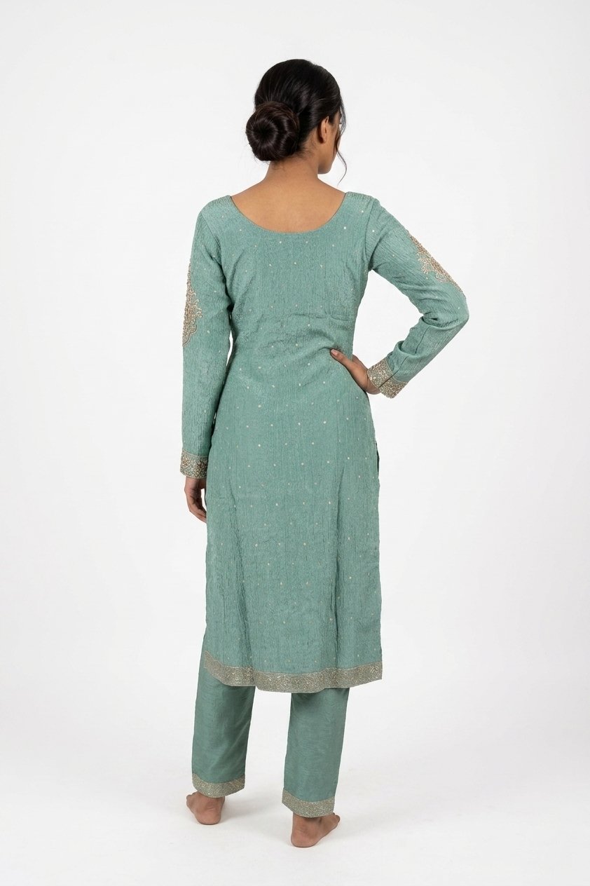 Sea Green Embroidered Kurta Pant Set With Banarasi Dupatta