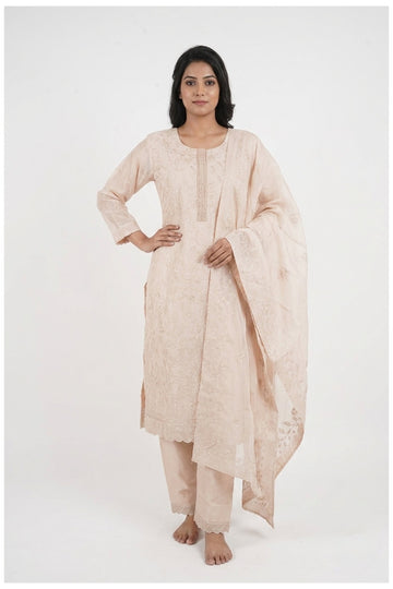 Peach Embroidered Kurta Pant Set With Dupatta