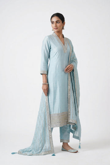 Powder Blue Embroidered Straight Kurta Set With Dupatta