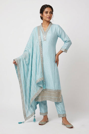 Powder Blue Embellished Kurta Pant Set With Designer Dupatta