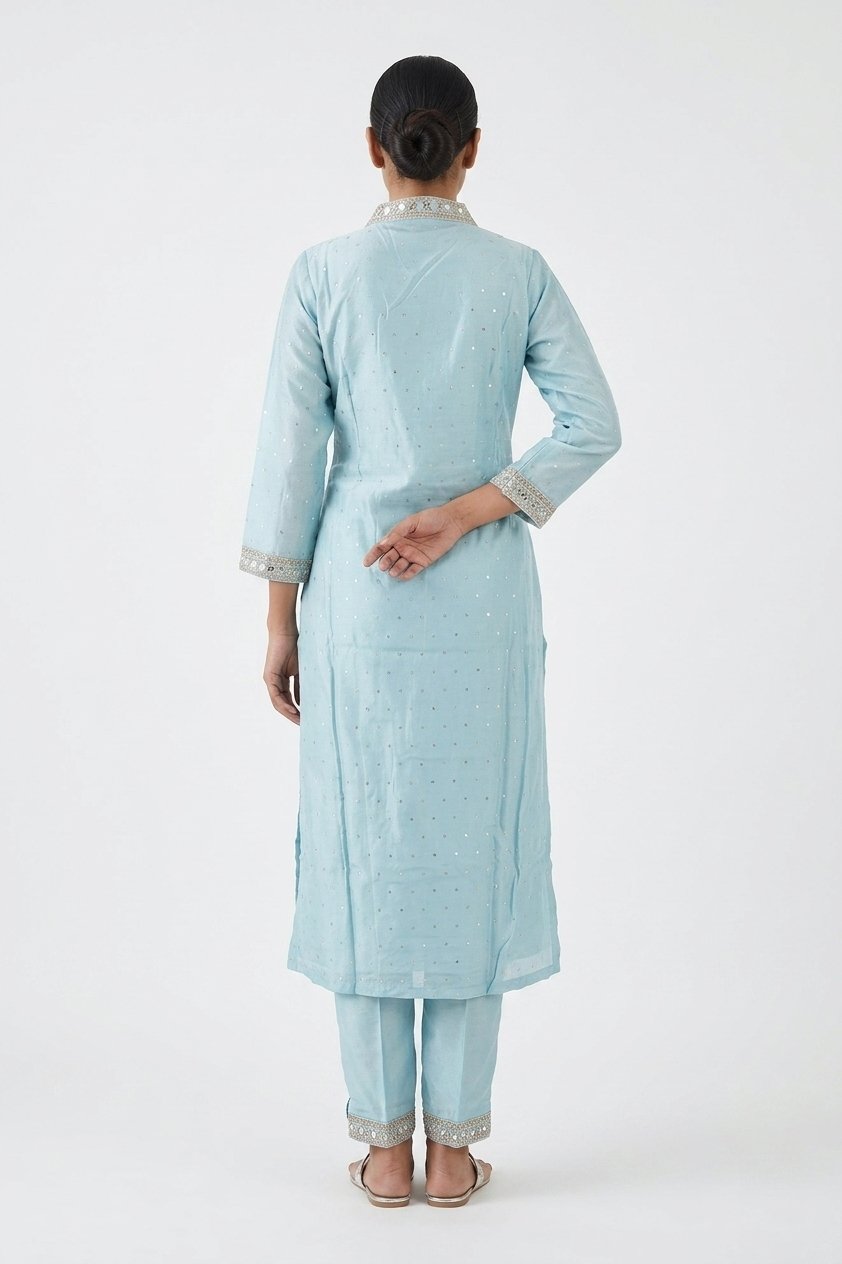 Powder Blue Embellished Kurta Pant Set With Designer Dupatta