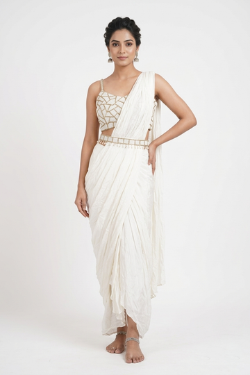 Ivory Drape Saree Style Set With Embroidered Blouse