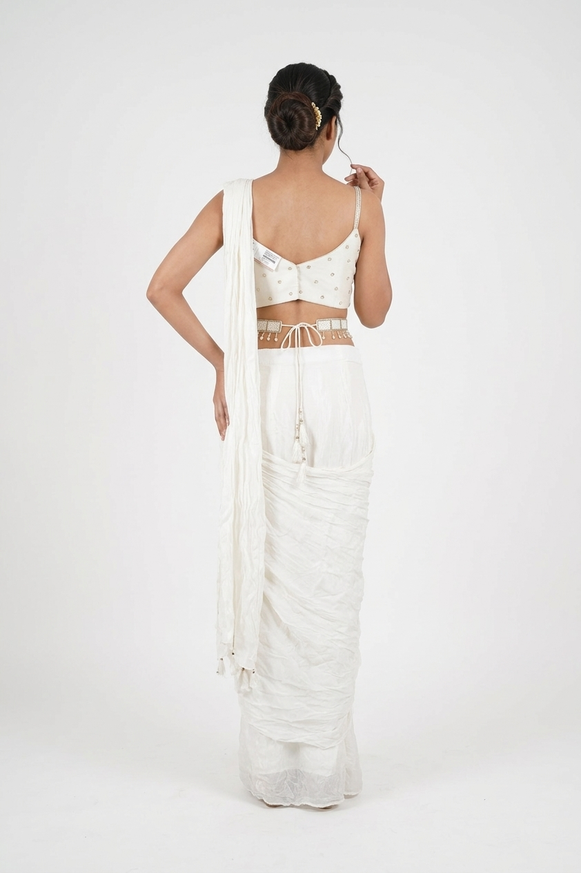 Ivory Drape Saree Style Set With Embroidered Blouse