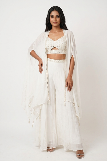 Ivory Mirror Work Crop Top Palazzo Set With Cape Dupatta