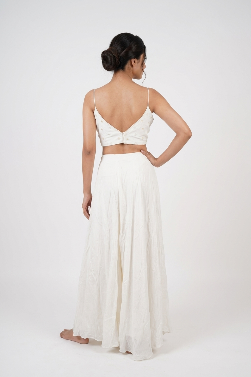 Ivory Mirror Work Crop Top Palazzo Set With Cape Dupatta
