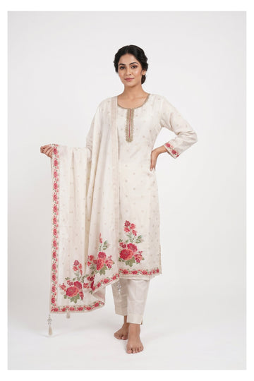 Off White Floral Embroidered Kurta Pant Set With Dupatta