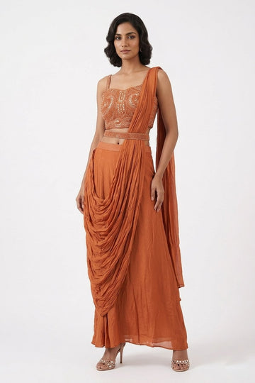 Rust Orange Draped Skirt Set With Embroidered Blouse & Dupatta