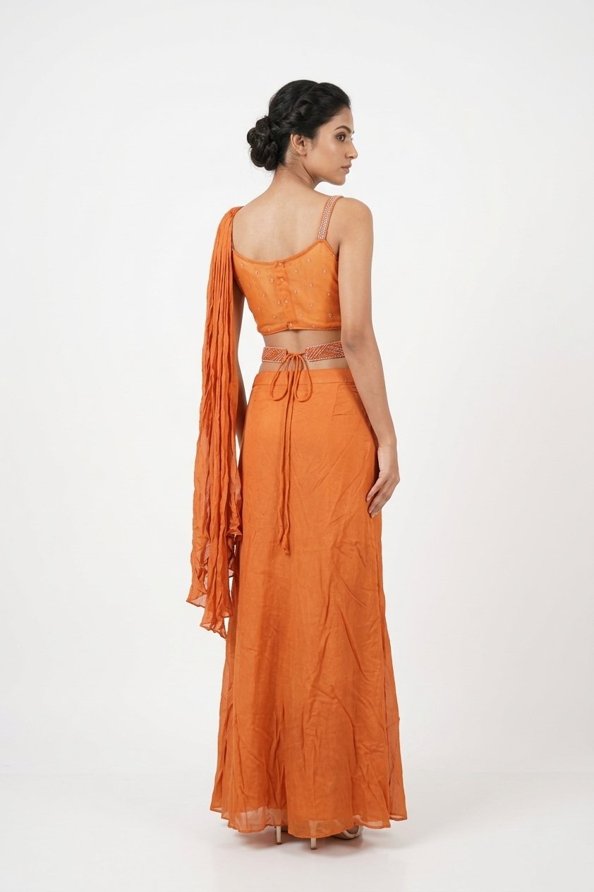 Rust Orange Draped Skirt Set With Embroidered Blouse & Dupatta
